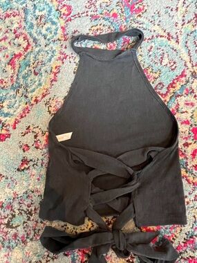 Free People Black Ribbed Lace-Up Tank Bodysuit